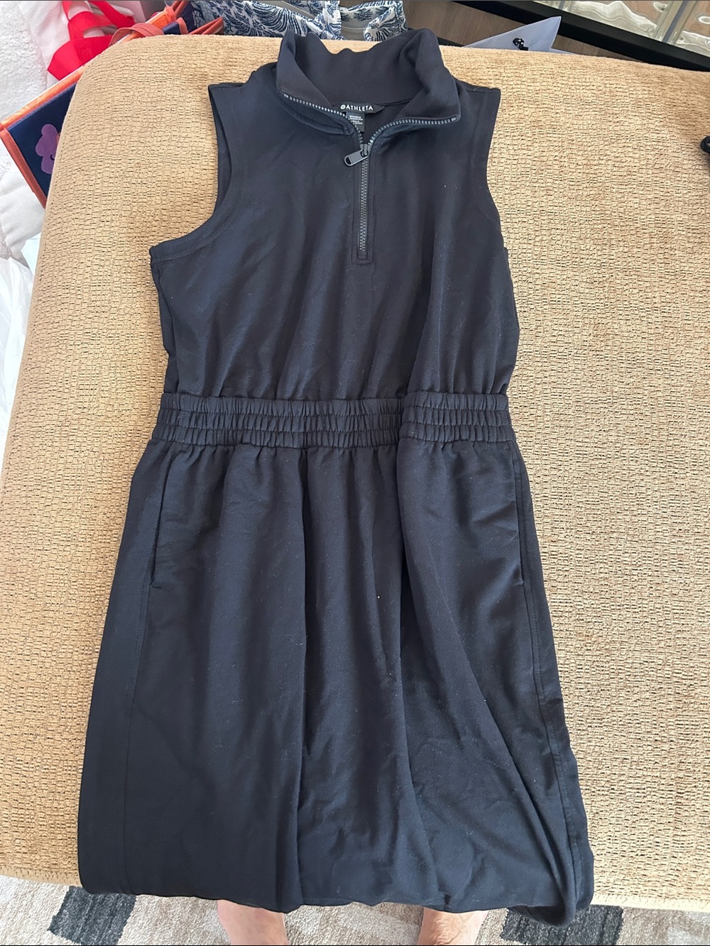 Athleta Black Sleeveless Zip-Front Elastic-Waist Dress